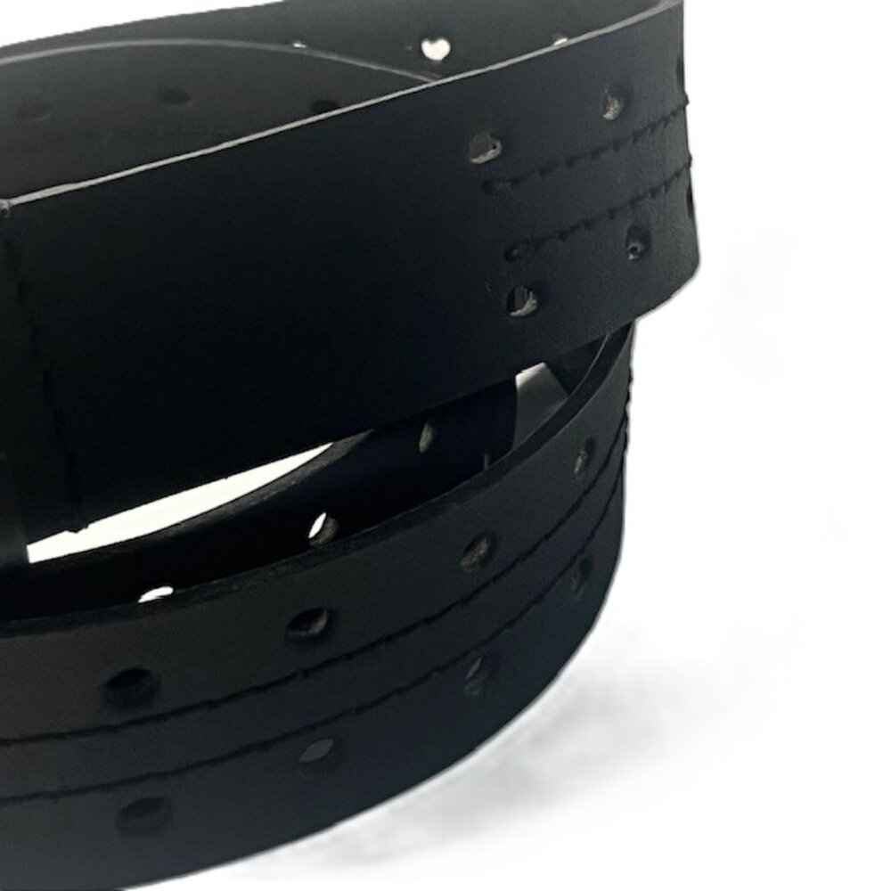 Black Leather Belt Silver Tone Buckle Hardware Double Punch Women's Large - Picture 3 of 10